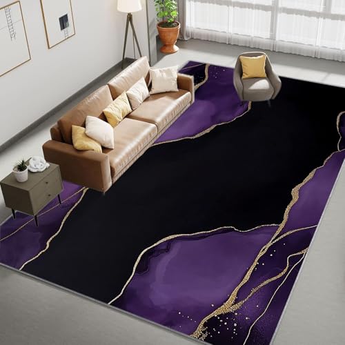Alfombra de salón, 160 x 230 cm, diseño de líneas moradas, suave, lavable, de pelo corto, para dormitorio, comedor, antideslizante, color morado