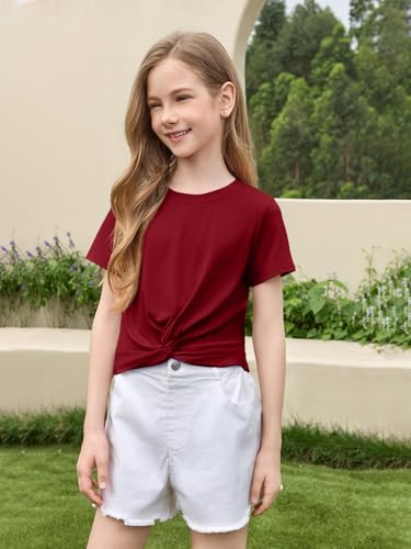 Image of Haloumoning Girls Short Sleeve T Shirts Kids Summer Twist Front Crop Tops Fashion Tees 5-14 Years