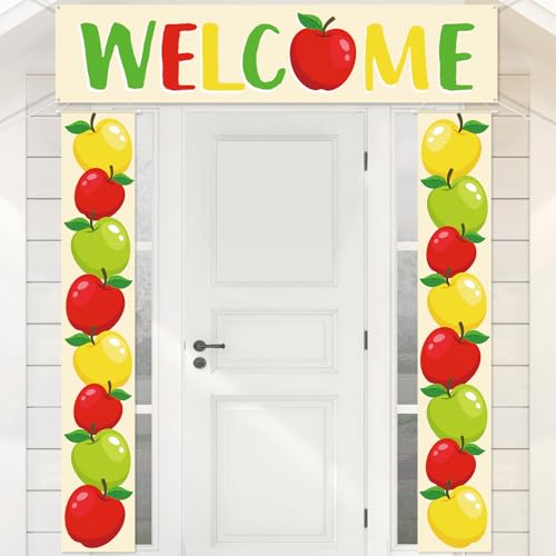 Image of Funrous 3 Pcs Back to School Welcome Door Banners New School Year Door Decorations Apple Theme Welcome Porch Sign Hanging Porch Photo Props for Wall Outdoor Indoor Classroom Party Supplies