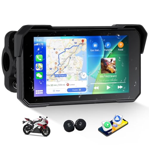 CarPlay Screen for Motorcycle,Portable Wireless Carplay/Android Auto for Motorcycle,5 inch IPS Waterproof Portable Radio GPS Display for Motorbike with Bluetooth,Tire Pressure Monitoring,TF Port