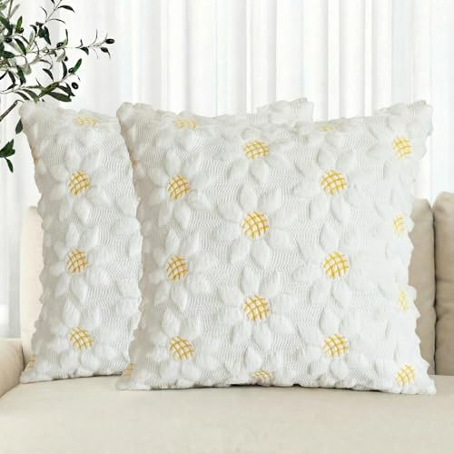 AVOIN colorlife Spring Summer Cream White Sunflower Throw Pillow Covers Set of 2 18 x 18 Inch Seasonal Flora Farmhouse Decor Flower Soft Plush Faux Fur Jacquard Cushion Case for Home Sofa