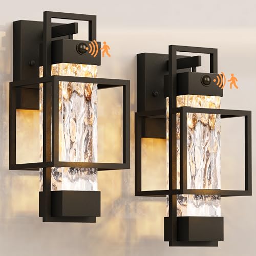PARTPHONER Modern Motion Sensor Outdoor Wall Lights 2 Pack, 15" Exterior Wall Sconce Waterproof Porch Light, Outside Light for House with Water Glass for Garage Doorway-Only Lights up with Motion