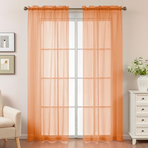 Image of Orange Sheer Curtains 84 Inches Long, Privacy Semi Sheer Curtains for Living Room Bedroom, Light Filtering Rod Pocket Voile Window Drapes 2 Panels Set, Each 42 inch W x 84 inch L