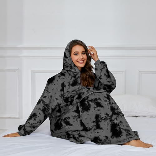 GAYYNE Hoodie Decke mit Ärmeln Deckenpullover, Tragbare Decken Hoodie Damen, Ultra Weiche Sherpa Fleece Hoodie Sweatshirt mit Big Pocket als Geschenke für Frauen Damen Krawattenfarbe Grau