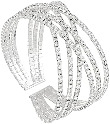 Ecesha Sparkly 6 Rows Cross Rhinestone Crystal Multilayer Arm Cuff Bangle Bracelet for Women Costume Jewelry Formal Wedding Party (Silver)