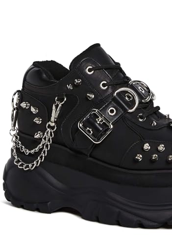 Dolls Kill Midnight Pit Platform Sneakers by Widow – Black Vegan Leather Shoes with Spikes, Chains, and Chunky Sole2