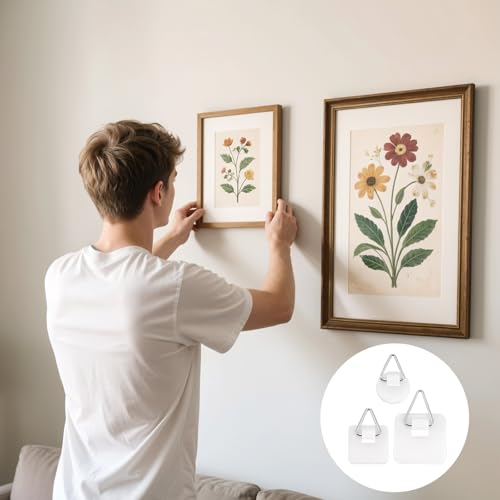 Image of QfwdfcTrenz 60 Pcs Adhesive Picture Hanger Invisible Adhesive Wall Hooks Picture Hangers Without Nails Plastic Sticky Wall Photo Hooks Frame Hanging Tool for Home Art Photo Closet