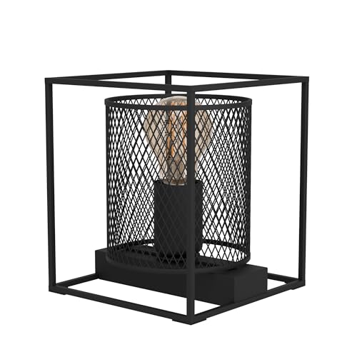 Eglo Lampe de chevet Catterick, lampe à poser carrée au design industriel, lampe de table en métal noir, luminaire effet grillage pour salon et chambre,...