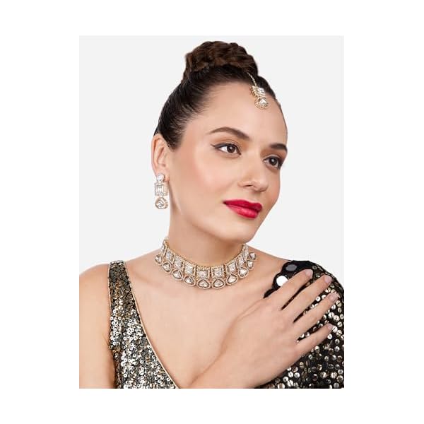 ZAVERI PEARLS Gold Tone Austrian Diamonds Artificial Stones Bridal Choker Necklace Earring & Maangtikka Set For Women-ZPFK17074 - Image 5