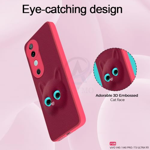 Image of AESTMO Back Case Cover for Vivo V40 / V40 Pro / T3 Ultra 5G Back Cover | 3D Cat Cover | Leather Finish | Full Body Protection | Camera Protection Back Cover (Pink