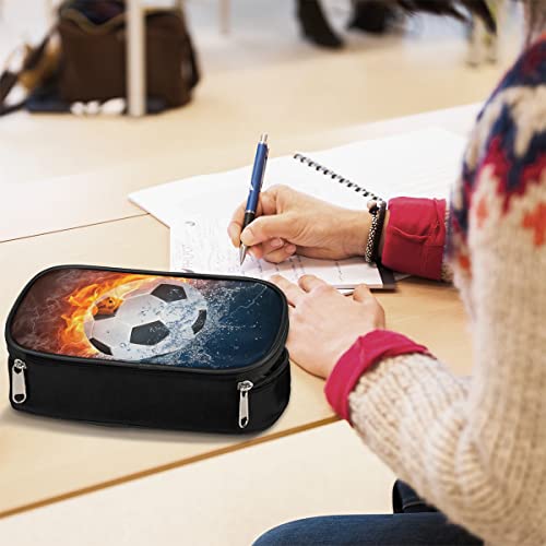 Image of 3D Football Leather Pencil Case Pen Holder Sports Large Capacity Black Stationery Storage Pencil Bag with Zipper for Boys Girls Soccer Ball in Ice Fire Pencil Pouch Box for School College Office