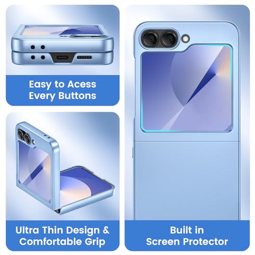 Image of Ruky for Z-Flip-6 Slim Case, with Built-in Back Screen Protector, Blue | Support Wireless Charging Hard PC Ultra-Thin Full Body Protective Phone Cover for Samsung Galaxy Z Flip 6, Blue