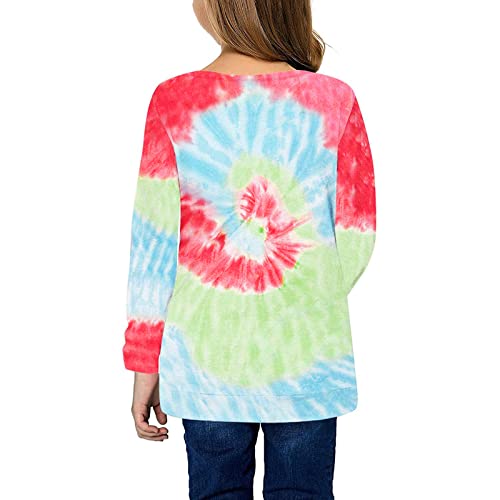 Girls Tie Dyed Tunic Tops Kids Long Sleeve Knot Front Button Casual Loose Pullover Blouse T-Shirt Tee(Red,6-7 Years)3