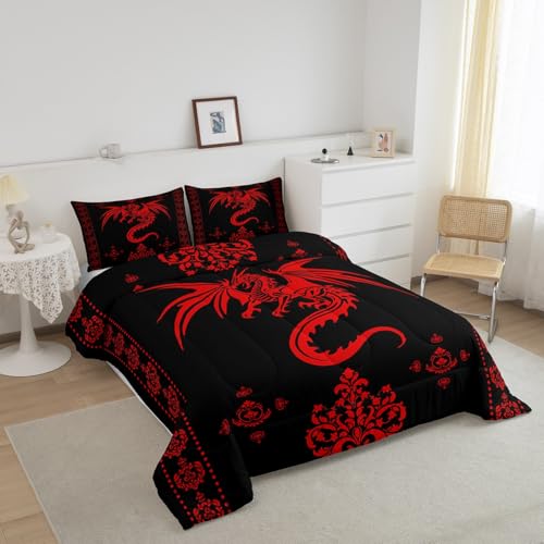Image of Feelyou Dragon Bedding Set Kids Boys Teens Gothic Damask Paisley Floral Comforter Set King Size Women Bohemian Exotic Duvet Insert Animal Theme Room Decor,Red Black