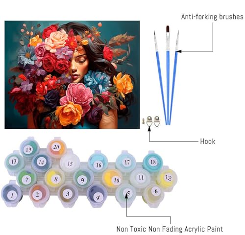Image of Clendo Flower Woman Paint by Numbers Kit for Adults, DIY Flower Paint by Numbers on Canvas, Colorful Picture Oil Painting Art and Crafts Kits for Wall Decor 16x20inch(Without Frame)