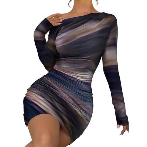 Image of Women's Long Sleeve Bodycon Mini Dress Tie Dye Print Slim Fit Asymmetrical Neck Elegant Formal Ruched Short Dresses