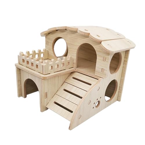5セット木製ハムスターハウスキャビン楽しいケージアクセサリーレミングス小型ペットマウス用14cmx13cmx12.5cm, 木の色, 14x13x12.5cm