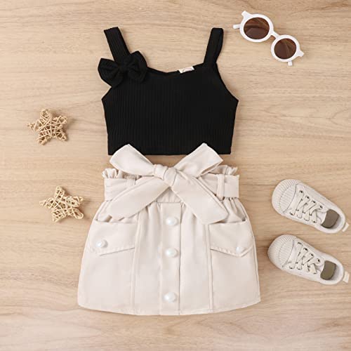 Lykmera Camiseta para meninas sem mangas com laço canelado tops colete saia pijamas infantis de verã