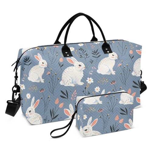 Large Travel Duffel Bag Sports Tote Gym Bag Overnight Weekender Bags Rabbit Flower Gray Carry On Luggage with Toiletry Bags