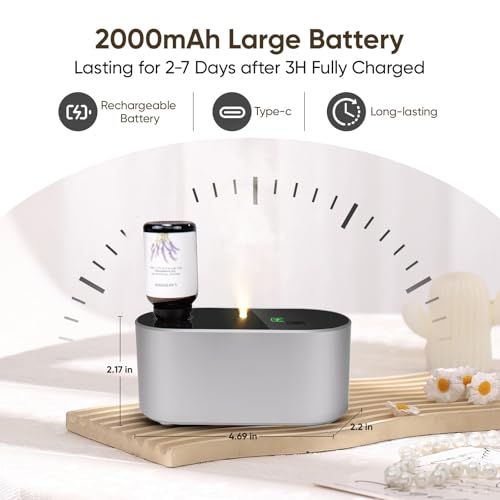Image of Lecdura Waterless Diffuser for Essential Oil, Battery Operated Scent Air Aromatherapy Diffuser, Mini Aroma Diffusers with 3 Intermittent Mist Modes, Cycle Start for Home Office Bedroom - Silver