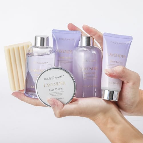 BODY & EARTH Lavender Gifts for Women, 6 Pieces, Birthday Gift for Women, Shower Gel, Body Butter, Hand Cream, Bath Set, Gift Wellness Set, Mother's Day