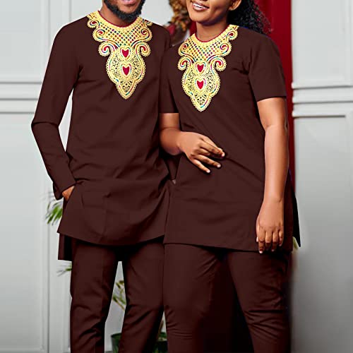 African Couple Suit Men's Long Sleeved T-Shirt Pants Two-Piece Suit, Women's Short Sleeved Suit Chest Hot Gold Print2