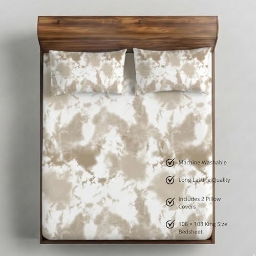 Image of VELOURA Tie-Dye Bedsheet Set, 100% Cotton, King Size 108x108 Inches, 300 Thread Count, with 2 Pillow Covers, Beige