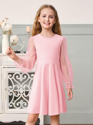 Haloumoning Girls Dresses Mesh Puff Long Sleeve Dress for Kids High Waist A Line Wedding Party Dress 5-14Y4