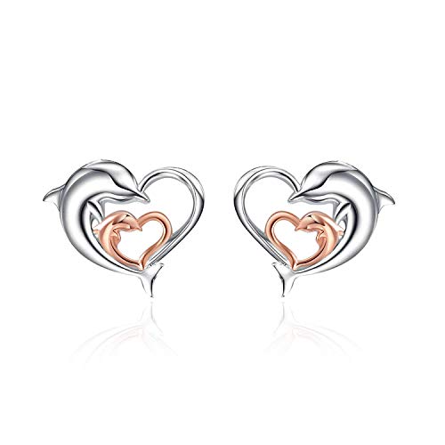 Dolphin Earrings Gifts for Women 925 Sterling Silver Gold Plated Eternal Love Heart Double Dolphin Stud Earrings Christmas Gifts for Women Girls (Rose gold dolphin earrings)