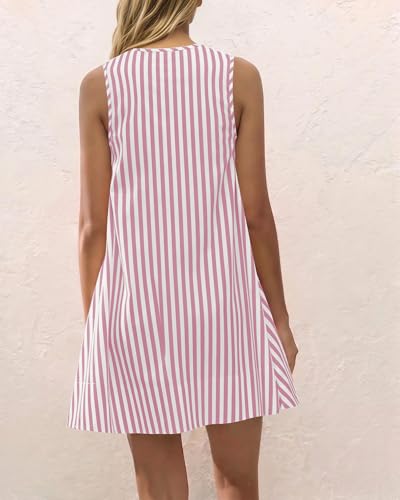 Image of Women Summer Sleeveless Babydoll Mini Dress Scoop Neck Loose Fit Tank Dresses Party Ruched Short Dress with Pockets