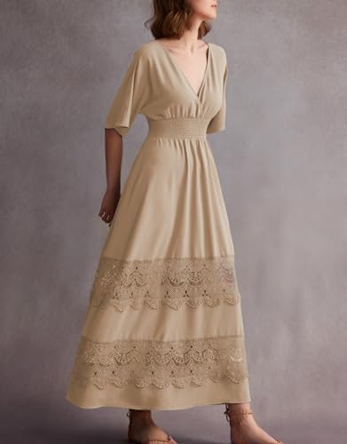 Image of Olaesa Boho Maxi Dress V Neck Short Sleeve Lace Smocked Waist Flowy Dress | Wedding Guest Dress with Pockets, Summer Bohemian Vacation Dress, Elegant Party Dress for Family photo& Baby Shower