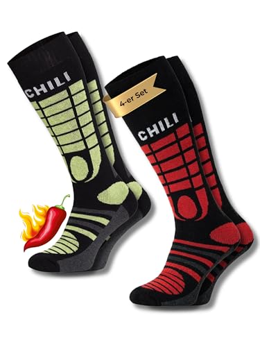 Chili Lifestyle Lot de 4 paires de chaussettes de ski thermiques pour homme 43-46 - Chaussettes de ski pour femme 39-42 - Avec rembourrage pour ski et snowboard - Chaussettes d'hiver durables en