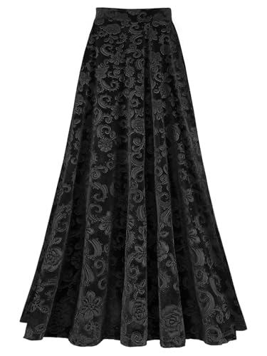 JEYPINMI High Waisted Maxi Skirt for Women Vintage Floral Jacquard Velvet Party Skirt Flared A-Line Long Skirt