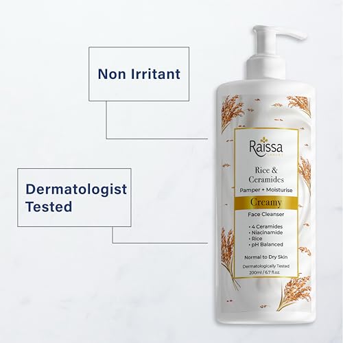 Image of Raissa Rice & Ceramides soap free Face Wash for Normal to Dry Skin, |Creamy Cleanser with 4 Ceramides, Niacinamide & Rice Extract |200ml