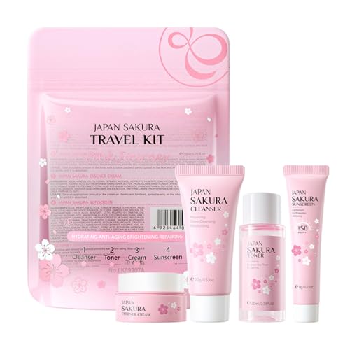 Hotiary Sakura Travel Skincare Set for Teenage Girls, Face Routine Set for Women, Gentle Skin Cleaning & Care Travel Size Kit With Cleanser, Toner, sunscreen and Face Cream, Gift for Her