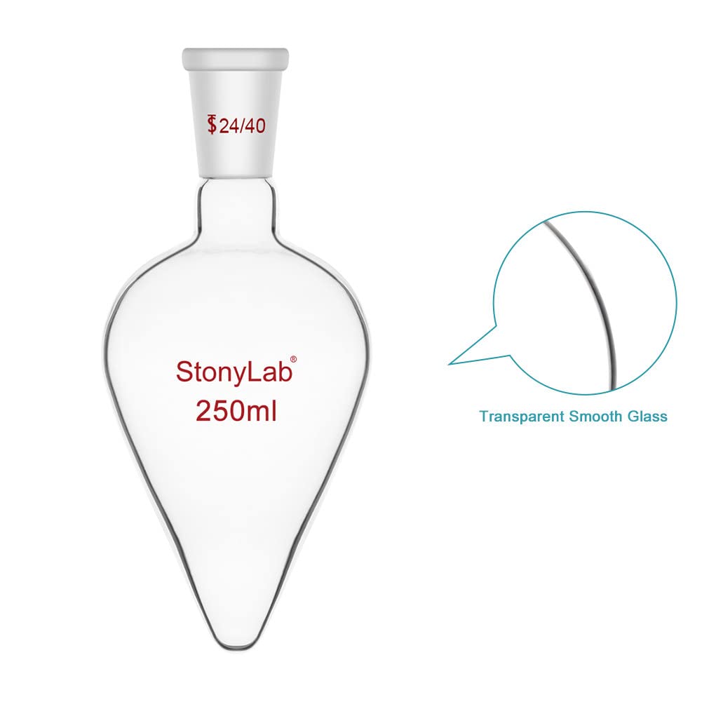 stonylab Flacon de Récupération, Flacon Évaporateur Rotatif en Verre Borosilicate à Paroi Épaisse col Unique avec Joint Extérieur Conique Standard 24/40, Flacon Laboratoire en Forme de Poire, 250 ml