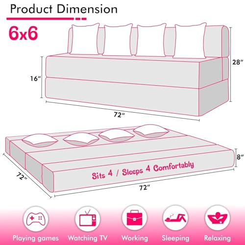Image of Rosebell 4 Seater Sofa Cum Bed, Foldable Sofa Bed 6 X 6 Feet, Jute Fabric- Washable Cover- with 4 Cushion Perfect for Home & Office - Brown-Color