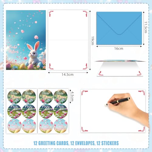 LIZANQU 12X Oster karten mit Umschlag Set, Osterkarten Aufklappbar mit Aufkleber Umschlag, Osterkarten Set, Frohe Ostern Kartenset, 6 Unterschiedliche Motive je 2 Stück (B)