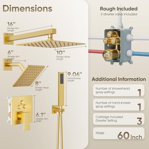 Juego de grifo para ducha en oro cepillado con cabezales de ducha lluvia de 10" y 8" | Sistema de ducha metálico completo para dos personas, cabezal de ducha de pared con rociador manual, válvula de ducha de 3 vías y kit de acabados miniatura 6