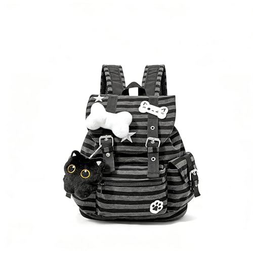 YFGBCX Y2K Striped Backpack Kawaii Coquette Aesthetic Daypack with Cat Charm Cute Preppy Laptop Backpack for College & Travel