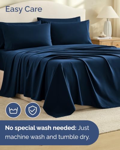 Image of Full 6 Piece Bed Sheet Set - Comfy, Breathable & Cooling Sheets - Dark Blue