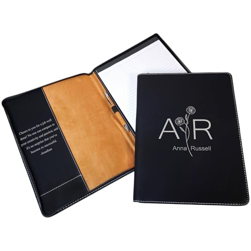 Daphne's Curations Personalized Zippered Vegan Leather Portfolio Padfolio – Custom Refillable Notepad Binder for Business & Resume – Letter‑Size Organizer with Card Slots, Pen Loop & Multiple Colors