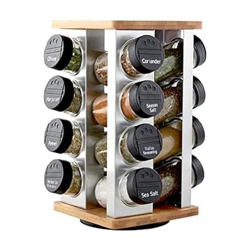 Kamenstein 16 Jar Warner Revolving Countertop Spice Rack Organizer with Lift & Pour Caps and Spices Included, FREE Spice Refills for 5 years, Stainless Steel & Bamboo with Black Caps