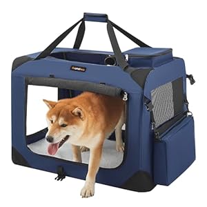 Feandrea Hundebox faltbar, Transportbox Hund, L, Hundetasche, Oxford-Gewebe, Netzstoff, atmungsaktiv tragbar transportabel, Metallrahmen, mit Griffen, Taschen, 70 x 52 x 52 cm, dunkelblau PDC70Z