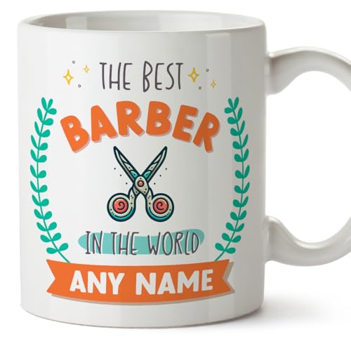 MUGFFINS Personalised Mug for Barber Woman - in English - World's Best - with Doodle - Funny Custom Gift for Colleagues - Ceramic 11oz Mug