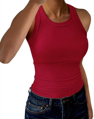 GKBK Womens Tank Tops High Neck Sleeveless Ribbed Tank Casual Basic Thick Strap Slim Fitted Racerback Shirts Solid Red XXL
