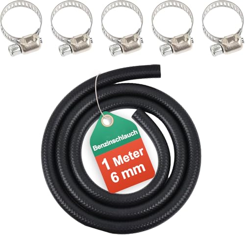 1 Meter Benzinschlauch 6 mm Innendurchmesser Dieselleitung 1/4 Kraftstoffschlauch 6mm mit 5 Stücke Schlauchschellen Kraftstoffleitung für Rasenmäher Auto Traktor Kleine Motoren motorrad