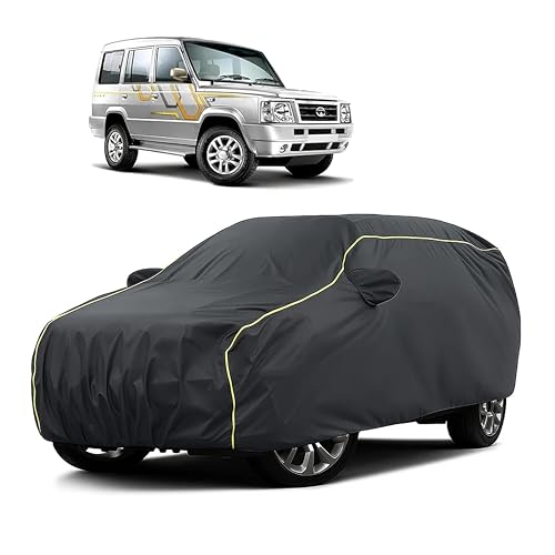 Image of Sulfar 100% Water Resistant Car Body Cover Compatible with Mirror for Tata Sumo Victa (Triple Stitched, Full Bottom Elastic, Dark Grey Taffeta with Yellow Piping)