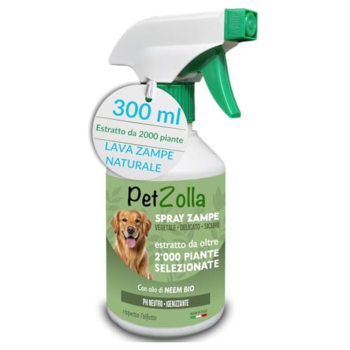 Spray pulisci zampe cane naturale e delicato 300ml, Lava zampe per cani senza risciacquo con olio di neem, argan e timo, azione idratante e protettiva - Made in Italy