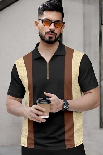 Image of Avix Men's Vertical Striped Polo Shirt with Half Zipper, Short Sleeve Collared T-Shirt Color Block Design